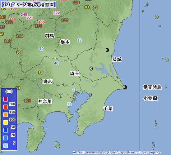 ２０１４年２月１５日　午後８時の積雪（関東地方）