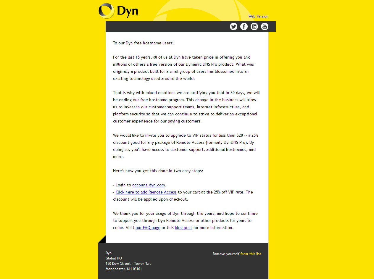 Dyn社、無料 DDNS シンクロサービスを終了