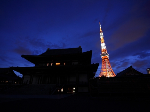 東京タワーと増上寺　夕暮れ